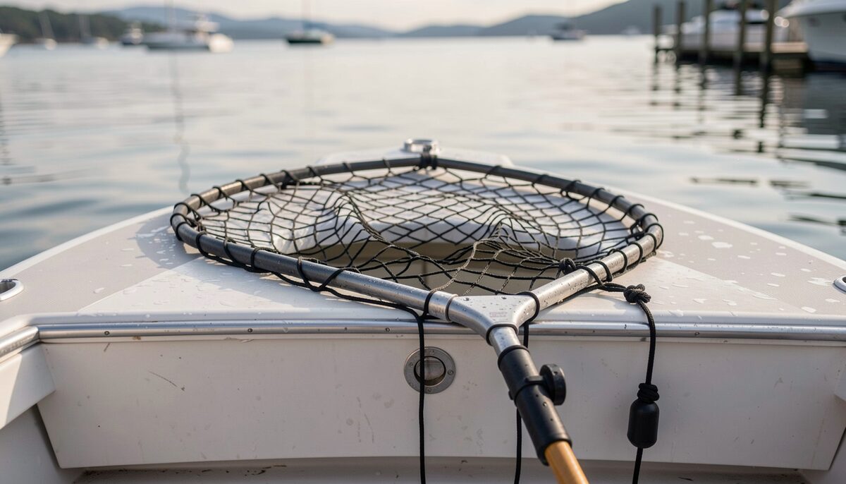 A wet rubber-mesh landing net resting on the gunwale of a small center console boat, with a descender device clipped to a line beside it and calm bay water visible behind the stern.