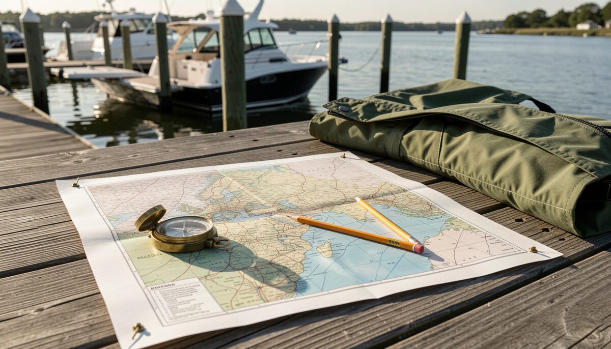 A paper nautical chart spread on a wooden dock table, corners held down by a small brass compass, a pencil, and a folded rain jacket; morning light across the marina, with a boat and pilings visible in the background.