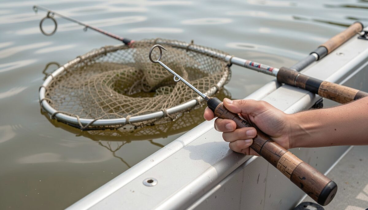 A close-up of a hand holding a circle hook beside a long-handled dehooker on a boat gunwale, with a wet knotless landing net resting partially in calm brackish water behind it.