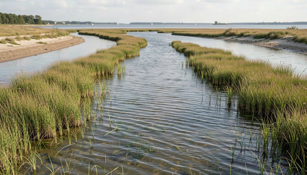 A narrow tidal creek at low water in late summer, its mouth open to a wider bay, with submerged grass visible under a wind rippled surface and a darker deep channel running along the far bank.