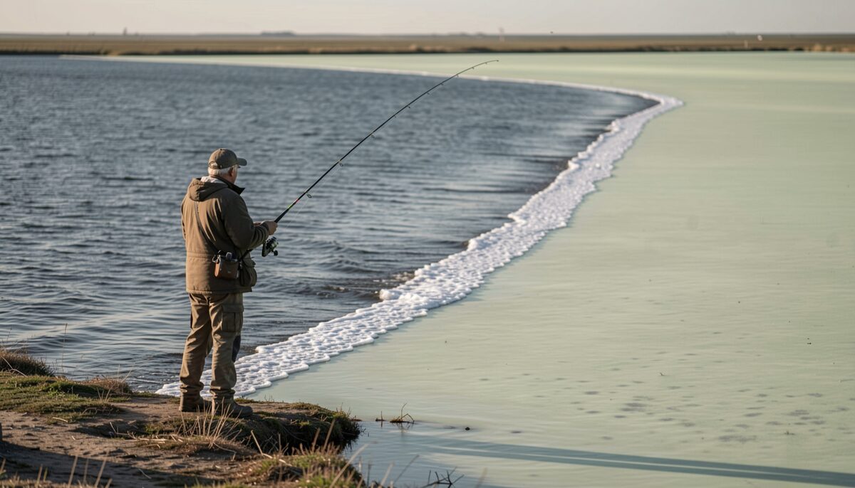 Angler standing on a low shoreline at early light, casting across a narrow foam line where dark water meets pale green shallows, a faint color break running diagonally toward a tidal point.