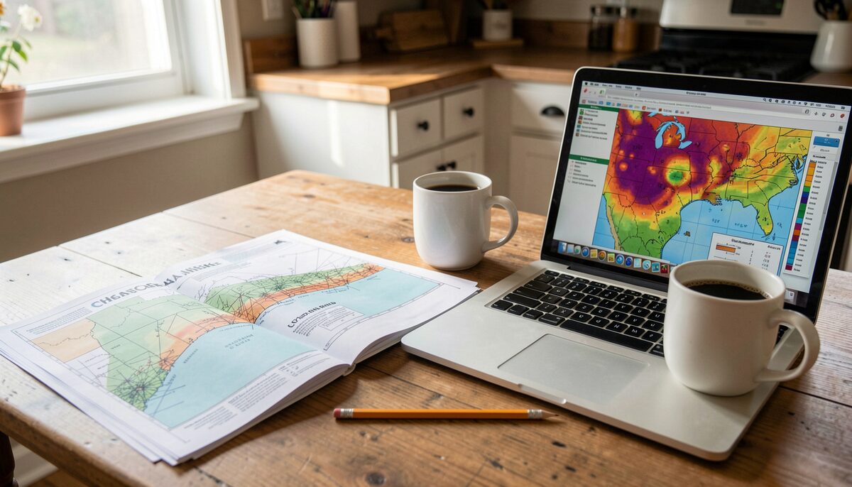 A printed Chesapeake Bay chart lies open on a wooden kitchen table beside a laptop showing a color-coded salinity map, a pencil and a mug of coffee, morning light from a window falling across the paper.