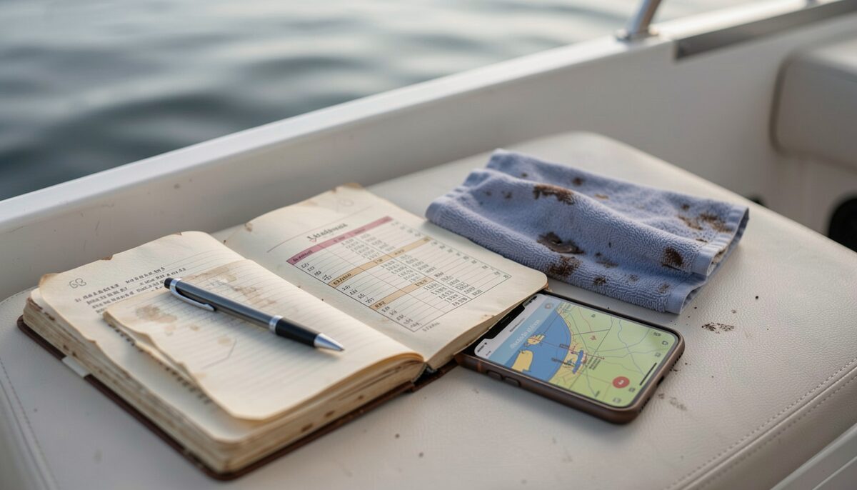 A weathered paper notebook open on a boat bench beside a pen and a damp hand towel, with a tide table and a smartphone showing a harbor chart visible in soft morning light.