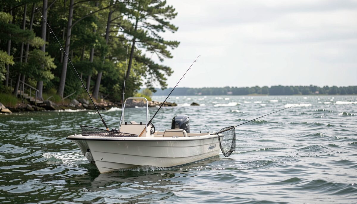 A small center console boat anchored in the lee of a wooded Chesapeake shoreline, choppy whitecaps visible on the open bay behind it, fishing rods rigged and a landing net resting across the gunwale under a bright overcast sky.